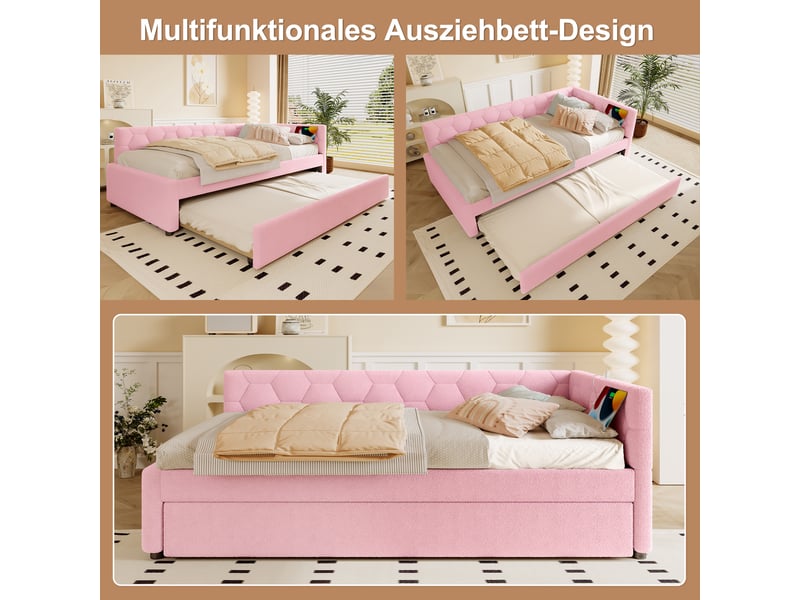  Lit banquette tissu bouclette 90x200 rose avec lit gigogne, lampe de chevet et ports usbtype-c  - Conforama R