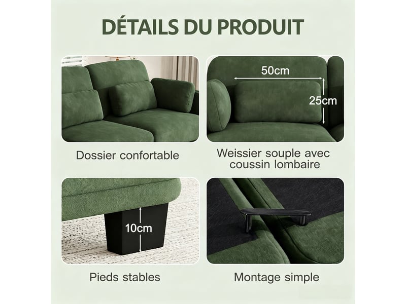 Canapé d’angle 4 places en u, assise large et profonde, design ergonomique, 2 poufs, montage facile, 330 × 143 × 88 cm, vert - Conforama E