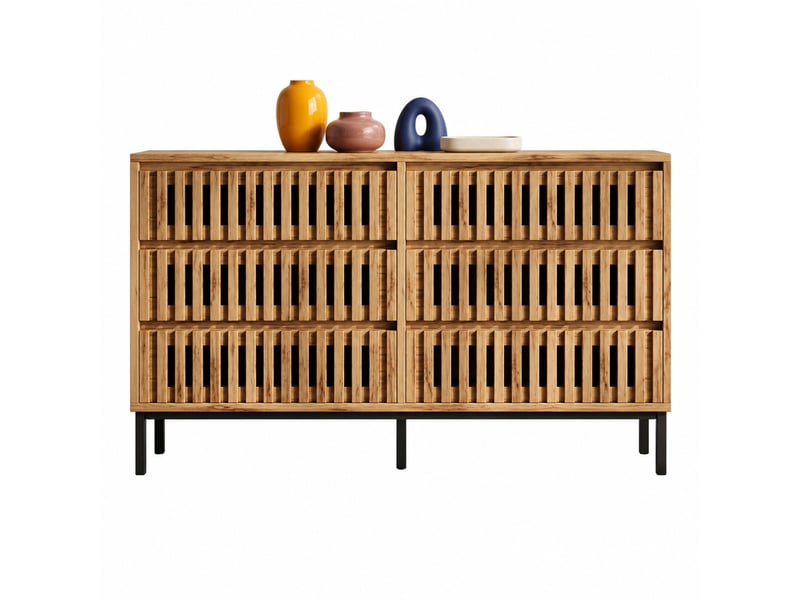 Buffet bas 6 tiroirs – décor bois clair et piètement noir – 120 x 40 x 81 cm - Conforama A