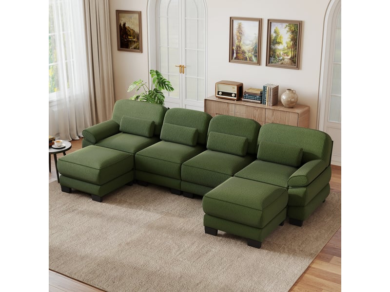 Canapé d'angle 4 places en u moderne avec 2 poufs, structure à cadre, assise profonde et spacieuse, cordon cord doux, coussins épais, vert, pour salon - Conforama E