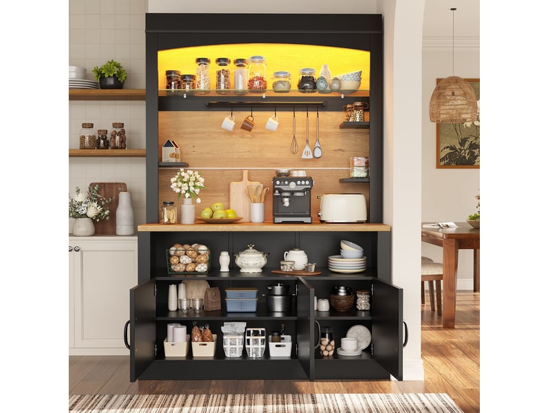 Buffet de cuisine haut avec 3 portes, éclairage led, plan de travail et étagères réglables pour cuisine en mdf noir - Conforama D