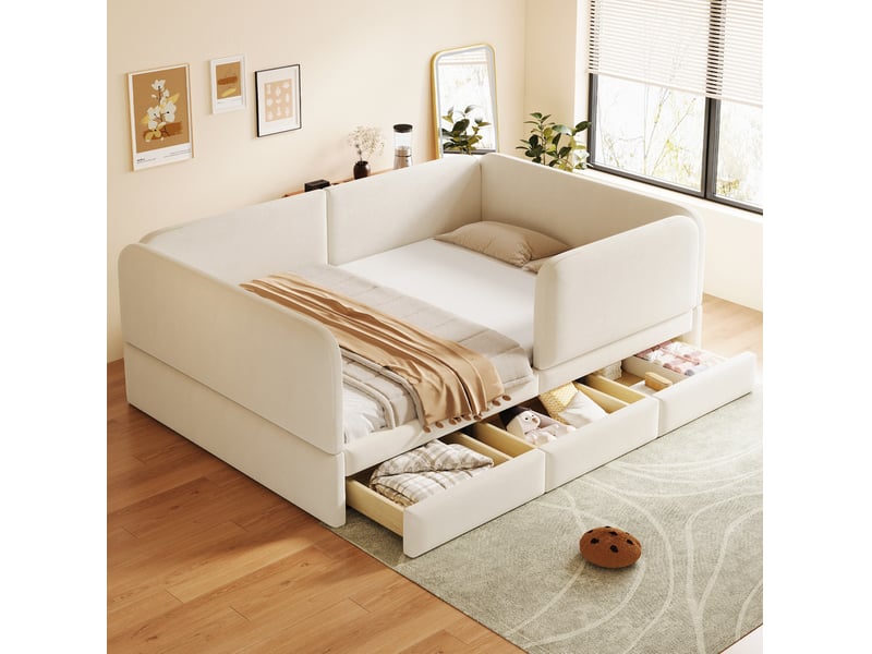  Lit enfant, 140x200 cm, espace nuit, bords arrondis, tiroirs de rangement, matelas non inclus, velours, coloris beige  - Conforama B