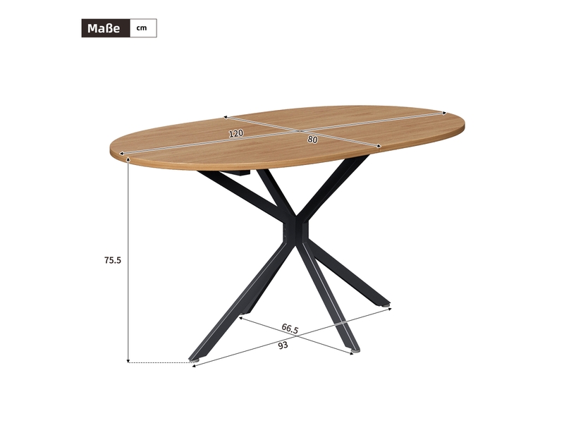  Table à manger ovale 120 x 80 x 75,5 cm, avec pieds en métal, pour 4 à 6 personnes, style moderne, naturel  - Conforama C