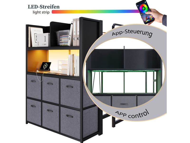Lit mezzanine enfant 120x200 cm – noir et gris – rangements latéraux, éclairage, charge - sans matelas - Conforama E