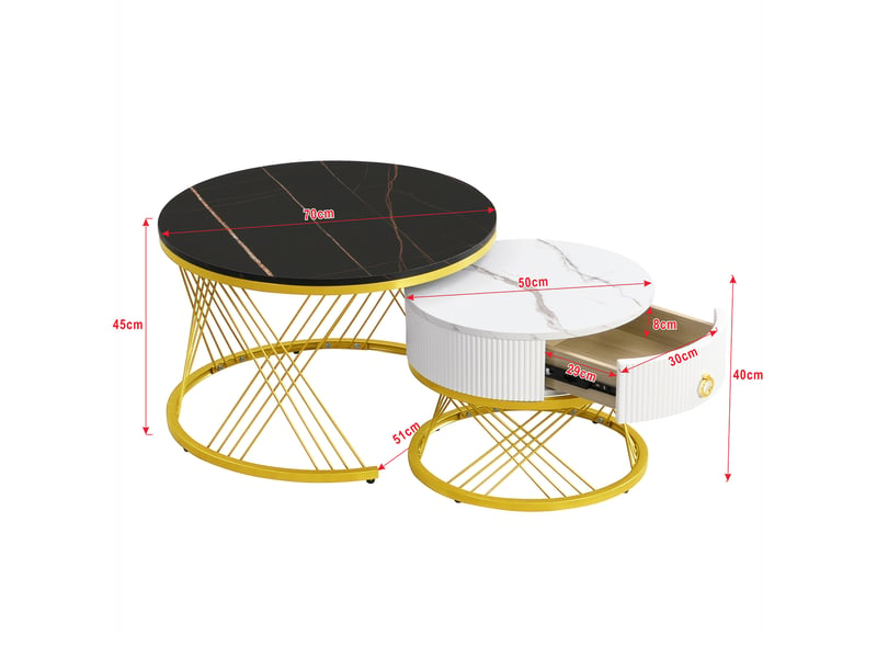  Lot de 2 tables basses gigognes avec tiroir – effet marbre noir, blanc et doré – 70 et 50 cm  - Conforama D