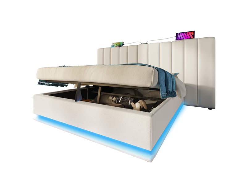  Lit coffre 160 × 200 cm 2 places avec led, usb-c et rangement hydraulique, matelas inclus, pu blanc  - Conforama A