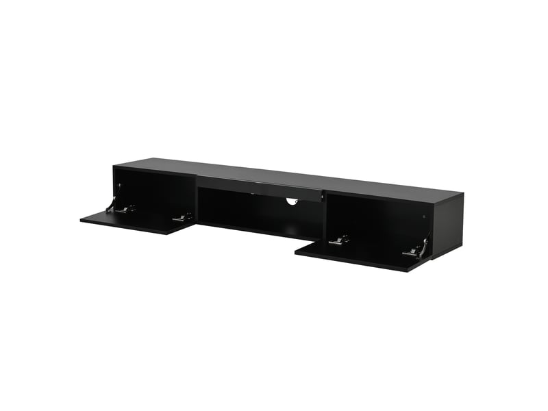  Meuble tv mural noir haute brillance avec led 160x31x22 cm pour tv 70 pouces, design moderne et rangement suspendu  - Conforama E