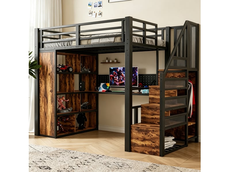  Lit mezzanine 90x200 cm, bureau et rangements, en métal, noir  - Conforama B