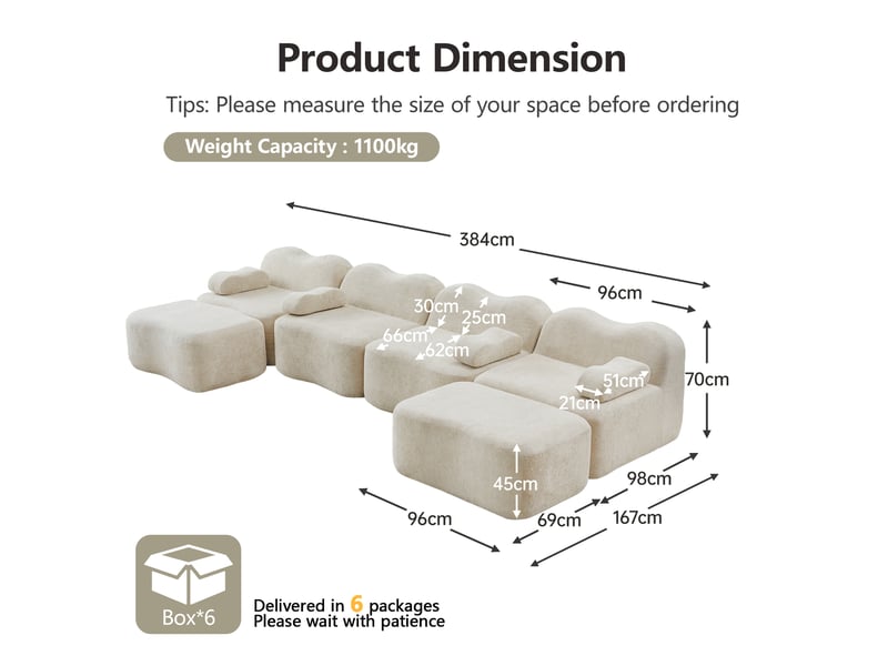  Canapé panoramique en u modulaire avec poufs, assise ergonomique et velours beige  - Conforama E