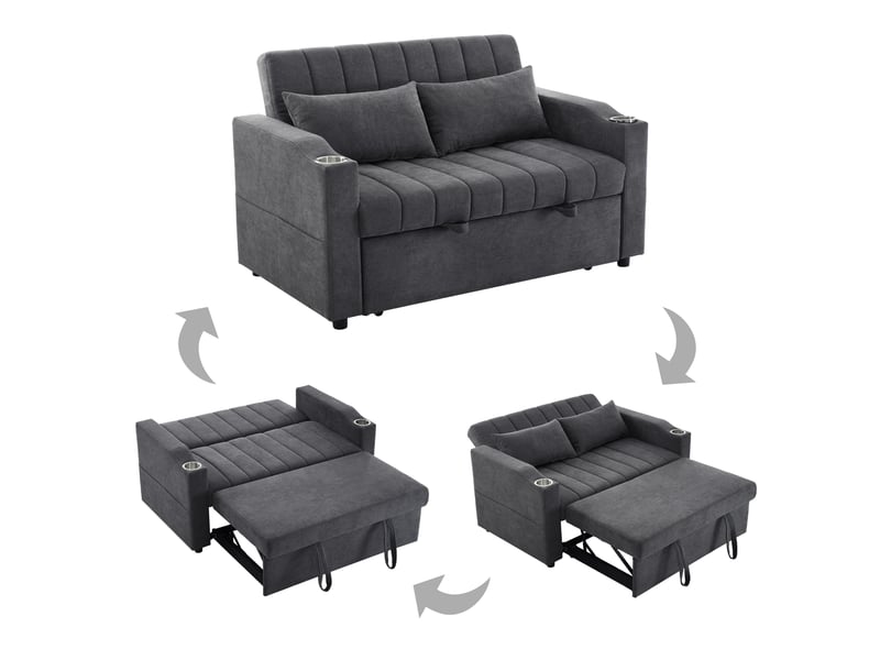  Canapé droit convertible 2 places avec dossier réglable, fonction lit, porte-gobelet et coussins  - Conforama D