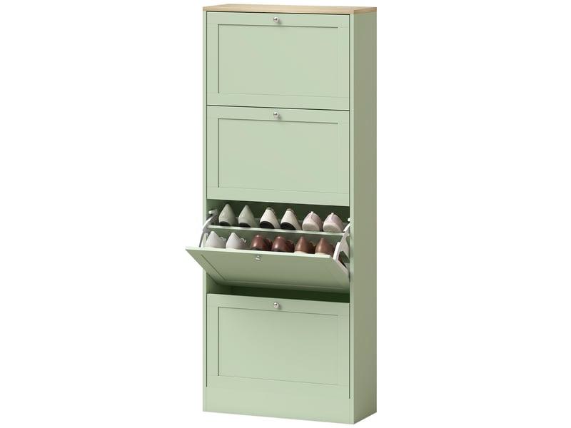  Meuble à chaussures 4 tiroirs rabattables vert et coloris chêne 60 x 23,5 x 153,3 cm  - Conforama B