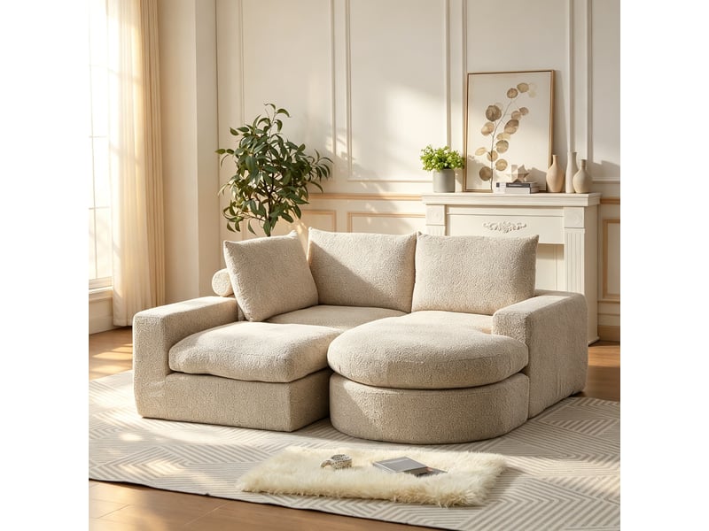  Canapé d’angle, en chenille, éléments courbes et chaise longue, compressé sans cadre, mousse, 80x250x160 cm, beige  - Conforama D