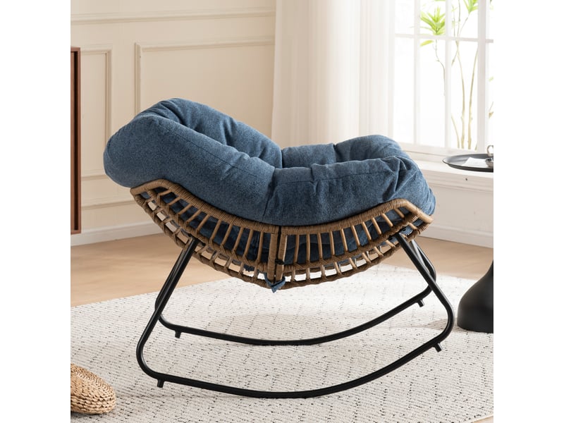 Fauteuil à bascule en chenille avec assise rembourrée et structure métallique, bleu, 95 × 107 × 83 cm - Conforama E