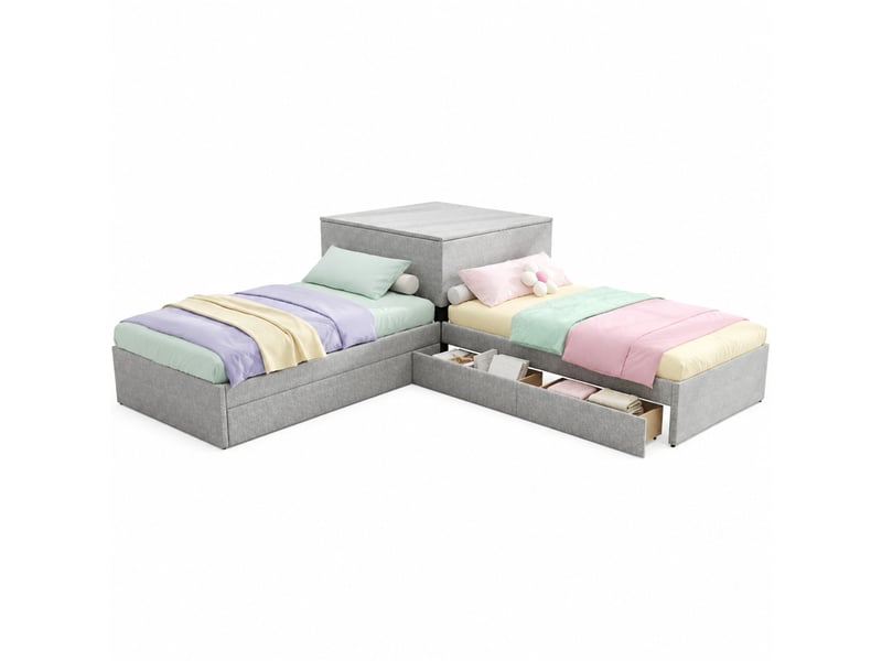  Lit gigogne 90x200 cm avec rangement en lin gris  - Conforama A