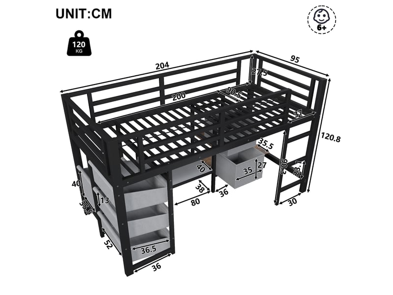  Lit mezzanine enfant mi-hauteur 90x200 cm avec led multicolore, tiroir et poche en tissu, crochets à vêtements, métal noir  - Conforama C