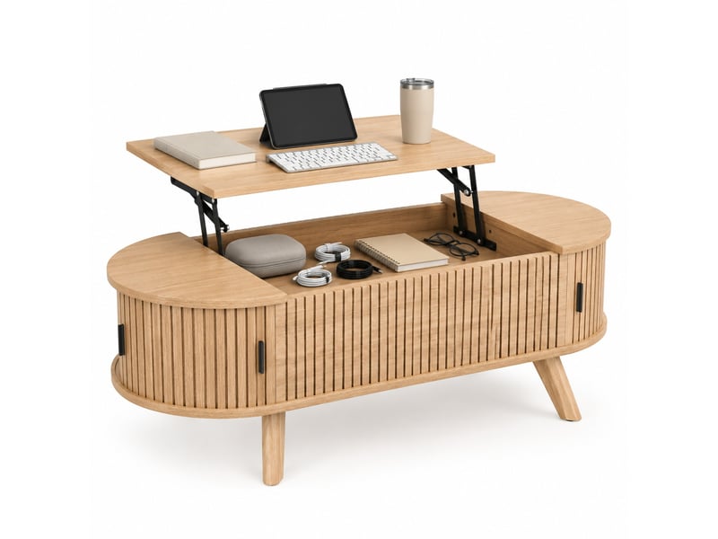 Table basse relevable 110 x 50 x 53,5 cm naturelle en mdf, rangement caché et portes coulissantes - Conforama A