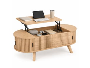 Table basse relevable 110 x 50 x 53,5 cm naturelle en mdf, rangement caché et portes coulissantes