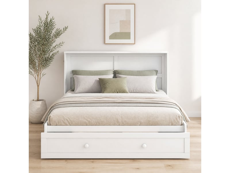  Lit escamotable double 140×200 cm, tiroir et étagères  - sans matelas, pin et mdf - blanc  - Conforama B