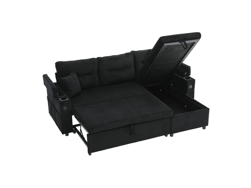  Canapé d'angle convertible 3 places avec coffre, lit tiroir, ports usb-c et porte-gobelets en velours côtelé noir  - Conforama A