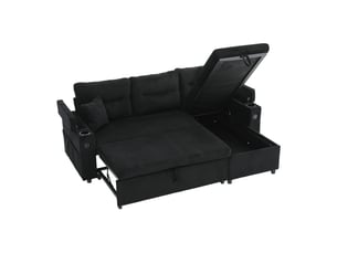 Canapé d'angle droit convertible WISHDOR 3 places Velours côtelé noir avec coffre de rangement
