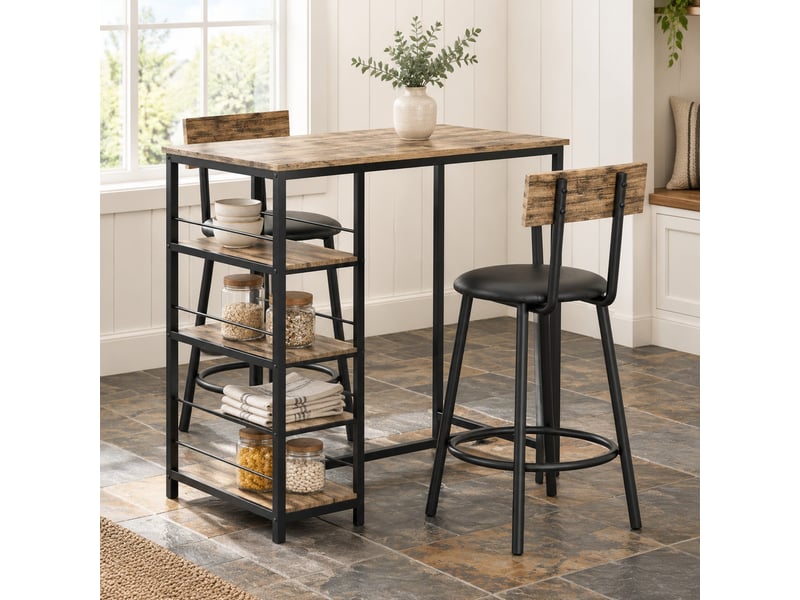  Ensemble table et chaises de bar avec 1 table haute et 2 tabourets  - 3 étagères - mdf et acier - chêne  - Conforama C