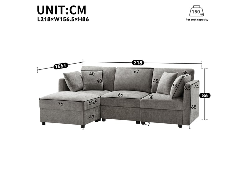  Canapé droit 218x156,5x86cm 3 places, 4 coussins inclus, pouf inclus, structure en bois et métal, tissu chenille, gris  - Conforama C