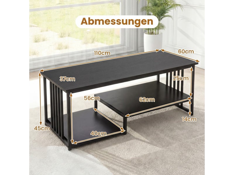  110x60x45 cm table basse rectangulaire rangement double etagère et plateau effet bois pour salon bureau  - Conforama B