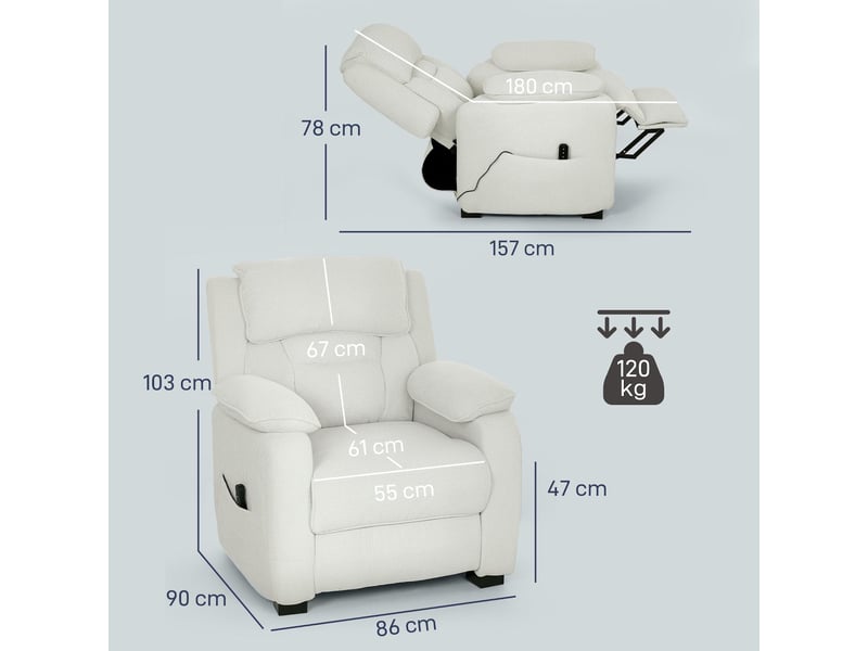  Fauteuil relax électrique inclinable en velours crème 86x90x103 cm  - Conforama C