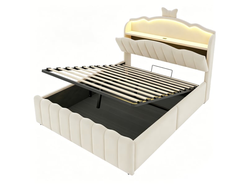  Lit enfant velours beige 140x200 cm avec rangement hydraulique, led, usb et type-c  - Conforama E