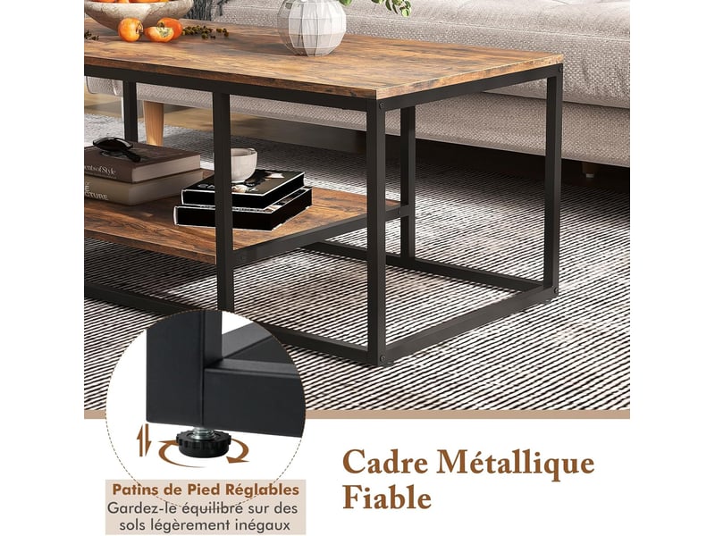 Table basse salon 2 niveaux avec étagère de rangement, tablle basse bois industriel cadre en métal, 105 x 50 x 42,5 cm marron rustique  - Conforama C