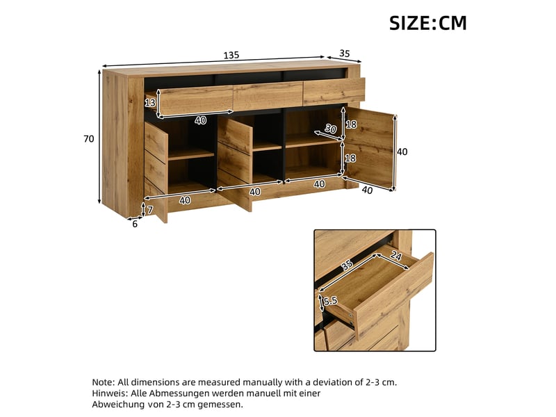  Buffet effet bois et noir 3 portes 3 tiroirs 135x35x70cm  - Conforama E