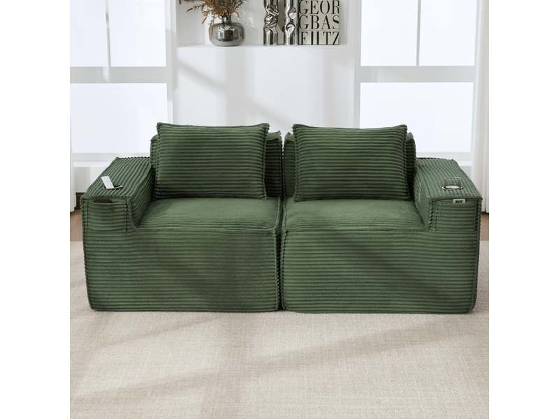 Canapé modulable 2 places – canapé en velours côtelé, assise profonde, porte-gobelets intégrés, poches latérales, ressorts et mousse haute densité, coussins inclus, vert - Conforama C
