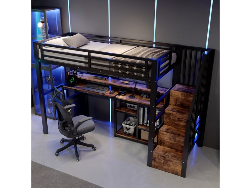  Lit mezzanine 90x200 cm avec escalier de rangement, led et usb-c noir  - Conforama E