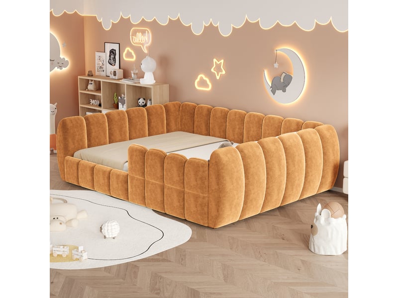  Lit enfant 2 places au sol 140×200 cm rembourré, bords arrondis - okmyhome- velours orange pour enfant, sans matelas  - Conforama B