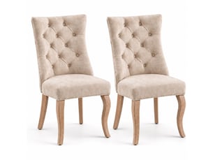 Lot de 2 chaises de salle à manger beige clair en velours, dossier capitonné, pieds en bois massif