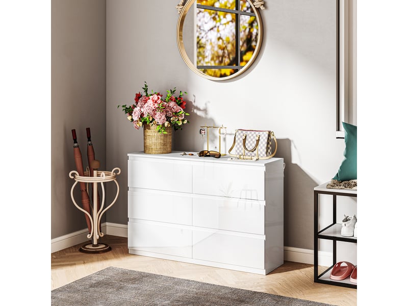  Commode en bois à 6 tiroirs, meuble de chambre moderne et multifonctionnel, 112 x 34 x 75 cm, blanc  - Conforama D