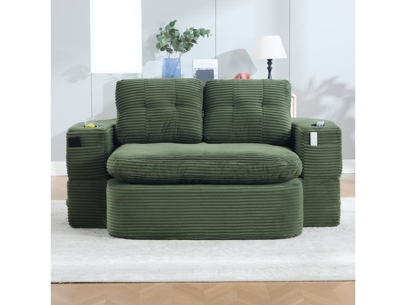  Fauteuil convertible 2 en 1 avec accoudoirs amovibles, double porte-gobelets et poches en velours côtelé vert émeraude  - Conforama B
