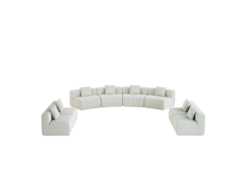  Canapé modulaire modenvie 8 places en chenille beige, forme arrondie, 2 coussins, 388 x 76 x 73,6 cm  - Conforama A