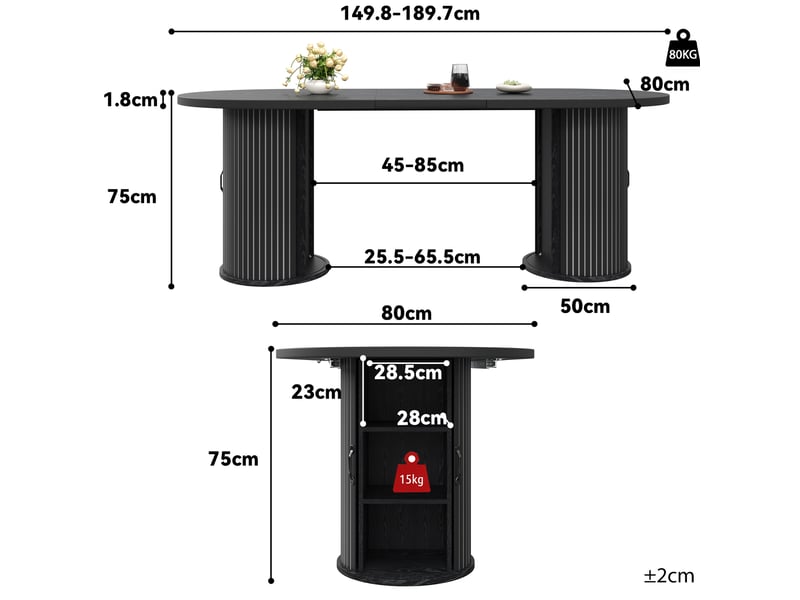  Table à manger extensible,150-190x80x75 cm,avec rangement,mdf,noir  - Conforama C