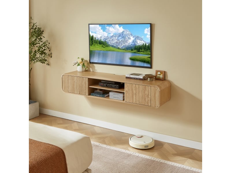  Meuble tv mural 160 cm - étagères ouvertes et placard suspendu - rangement salon et chambre - couleur naturelle  - Conforama E