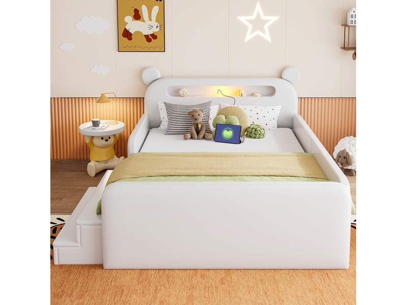  Lit enfant, 140x200 cm, avec tête de lit ours, lit 2 place, recharge, rangement, matelas non inclus, pu, coloris blanc  - Conforama D