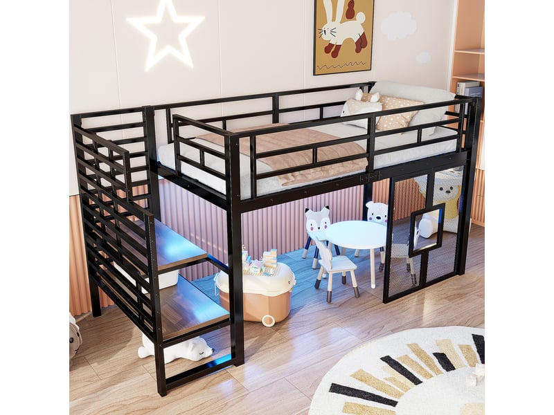  Lit mezzanine 90x200 cm coloris noir led métal lit enfant noir - Conforama D