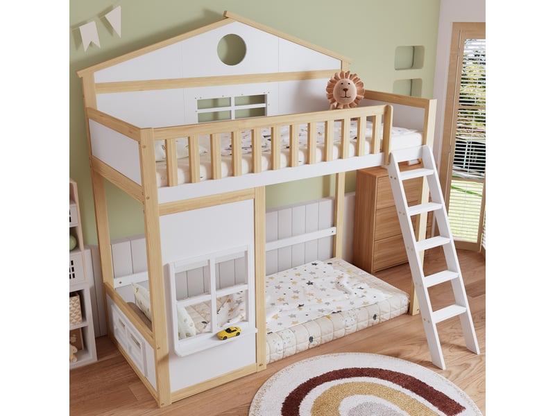  Lit mezzanine enfant 90x200 cm, design avec toit et fenêtres, un sommier, bois, blanc+naturel, sans matelas  - Conforama B
