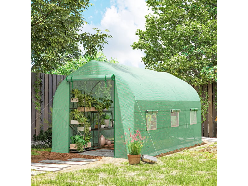  Serre tunnel de jardin 8m², serre de jardin tunnel avec 1 porte et 6 fenêtres, bâche pe 140gm² 400x200x200cm vert  - Conforama D