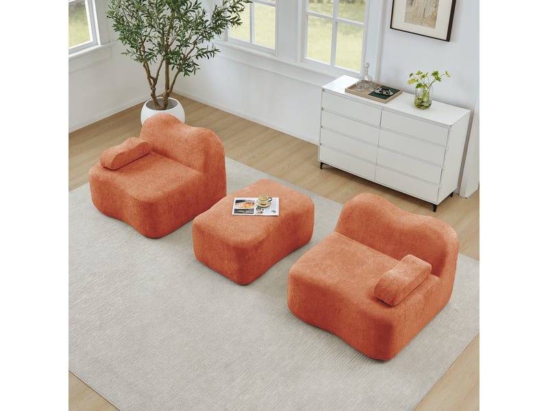  Canapé d'angle modulaire 2 places sans armature avec ottoman et coussin d’accoudoir en velours orange  - Conforama D