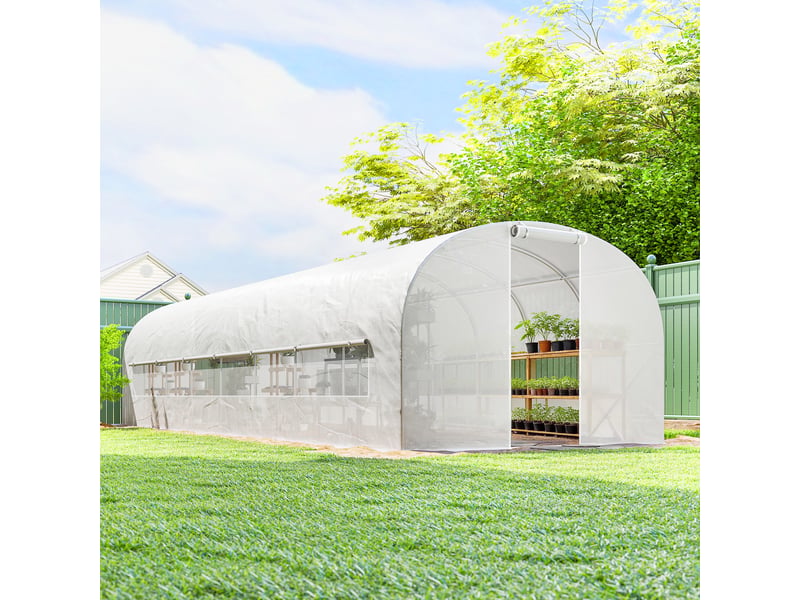  Serre tunnel de jardin 24m², serre de jardin tunnel avec cadre en acier galvanisé, portes et 2 grandes fenêtres, blanc  - Conforama D
