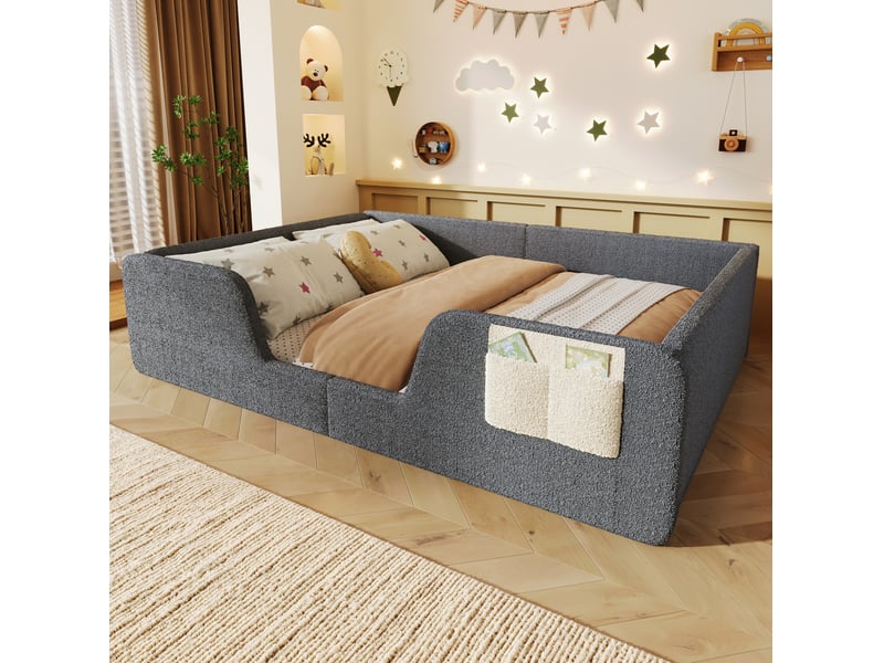  Lit enfant rembourré 140x190 cm avec barrières amovibles gris  - Conforama D