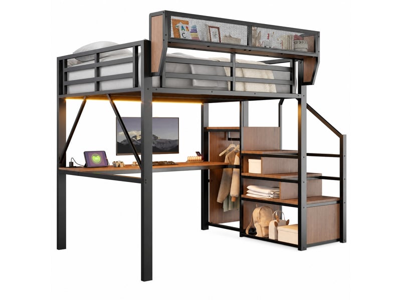  Lit mezzanine (140 x 200 cm), lit métallique avec barre lumineuse led, bureau long, échelle de sécurité et rangement flexible – lit métallique universel pour adultes et enfants – noir  - Conforama A