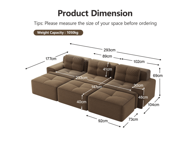  Canapé d’angle modulable marron velours doux, convertible avec poufs - style cloud, 3 places  - Conforama C