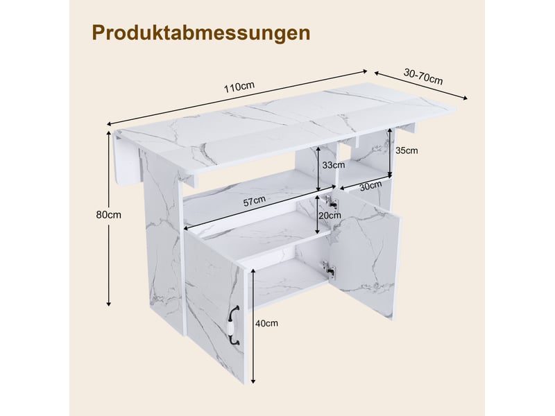  Table à manger pliante mobile 110x70x80 cm, 3-en-1, 5 roulettes, mdf, blanc effet marbre  - Conforama E